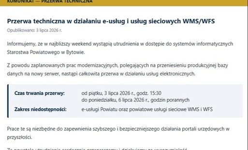 Zdjęcie do Przerwa techniczna w działaniu e-usług i usług sieciowych WMS/WFS od 03.07.2026 do 06.07.2026